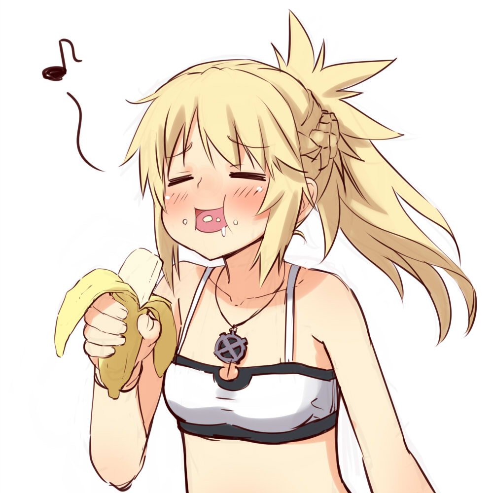 1girl aho_girl banana blonde_hair braid closed_eyes commentary crop_top eating fate/apocrypha fate_(series) food french_braid fruit hanabatake_yoshiko hondarai jewelry mordred_(fate) mordred_(fate)_(all) musical_note necklace parody ponytail solo upper_body white_background