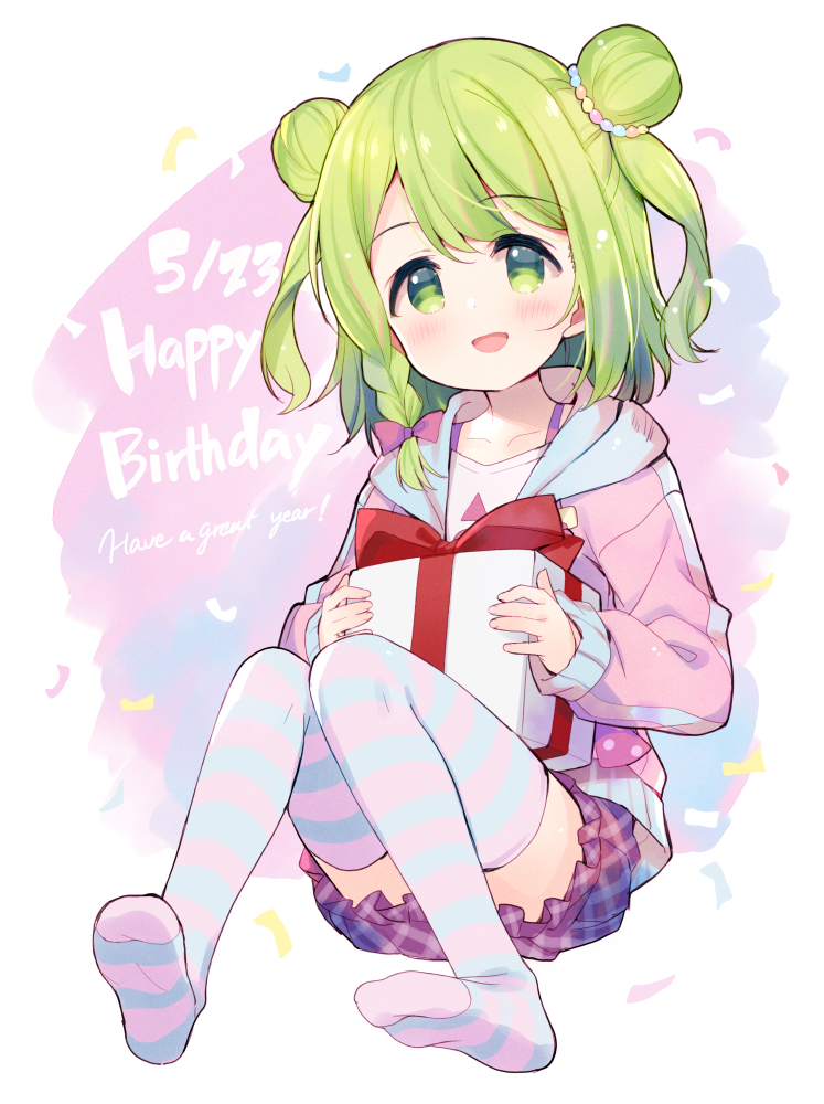 1girl :d bangs blush bow box braid collarbone commentary_request dated double_bun english_text eyebrows_visible_through_hair full_body gift gift_box green_eyes green_hair hair_bow happy_birthday holding holding_gift hood hood_down hooded_jacket jacket long_sleeves looking_at_viewer meito_(maze) morinaka_kazaki nijisanji no_shoes open_clothes open_jacket open_mouth pink_jacket plaid plaid_skirt purple_skirt red_bow shirt single_braid skirt sleeves_past_wrists smile soles solo striped striped_legwear thigh-highs two_side_up virtual_youtuber white_shirt