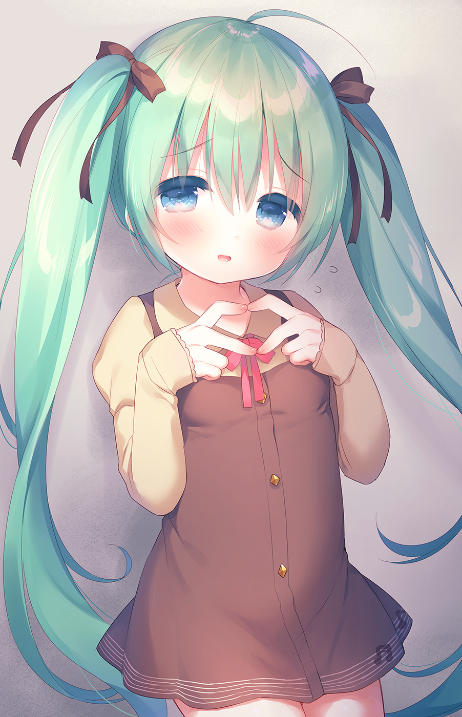 1girl bangs beamed_eighth_notes blue_eyes blush bow brown_bow brown_dress brown_shirt collared_shirt commentary_request cowboy_shot dress eighth_note eyebrows_visible_through_hair flying_sweatdrops green_hair hair_between_eyes hair_bow hands_up hatsune_miku heart heart_hands highres juliet_sleeves long_hair long_sleeves looking_at_viewer musical_note parted_lips puffy_sleeves shirt sidelocks sleeveless sleeveless_dress sleeves_past_wrists smile solo twintails usashiro_mani very_long_hair vocaloid