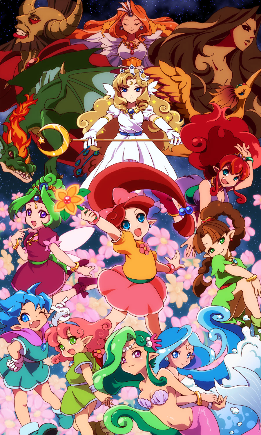 1boy 6+girls beard bird blonde_hair blue_earrings blue_eyes blue_footwear boots bow bracelet braid breasts brown_hair closed_eyes coral_hair_ornament cordelia_(panel_de_pon) crescent crown curly_hair dragon dragon_(panel_de_pon) dress earrings elias_(panel_de_pon) everyone facial_hair fairy fairy_wings fang feathers flare_(panel_de_pon) flower gloves green_eyes green_footwear green_hair hair_ornament hair_ribbon hairpin headband highres honcha horns jewelry light_blue_hair lip_(panel_de_pon) long_hair low-tied_long_hair mermaid monster_girl multicolored_hair multiple_girls navel neris_(panel_de_pon) nude one_eye_closed open_mouth orange_hair orange_shirt panel_de_pon pheonix_(panel_de_pon) phoenix pink_bow pink_hair pink_skirt pointy_ears ponytail purple_footwear redhead ribbon ruby_(panel_de_pon) seren_(panel_de_pon) shell shell_bikini sherbet_(panel_de_pon) shirt short_hair skirt smile spiky_hair staff star teana_(panel_de_pon) thanatos_(panel_de_pon) very_long_hair violet_eyes white_dress white_gloves windy_(panel_de_pon) wings