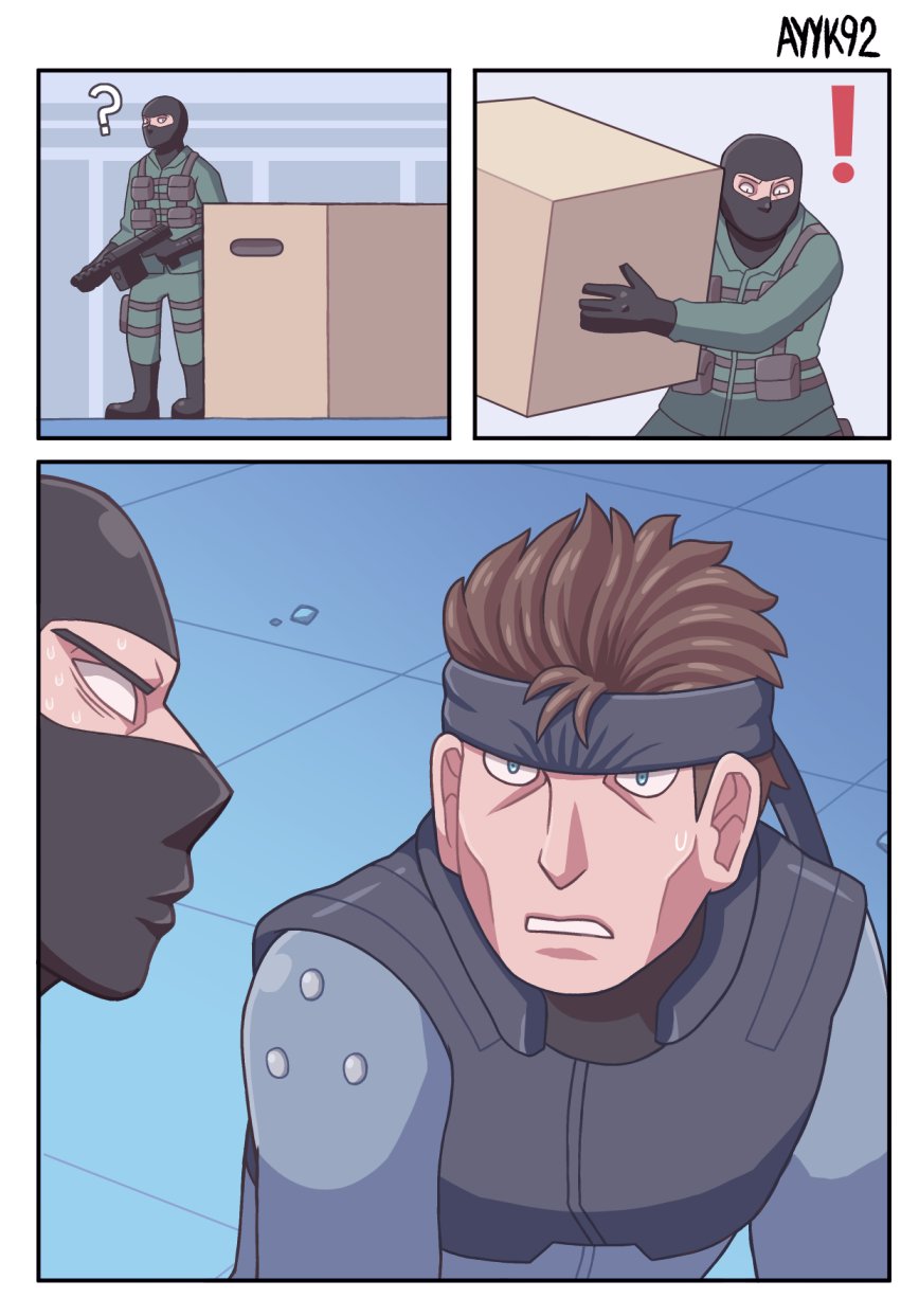 ! 2boys ? ayyk92 balaclava bandana bishoujo_senshi_sailor_moon box brown_hair cardboard_box gun highres metal_gear_(series) metal_gear_solid multiple_boys sailor_moon sailor_moon_redraw_challenge short_hair solid_snake sweat weapon