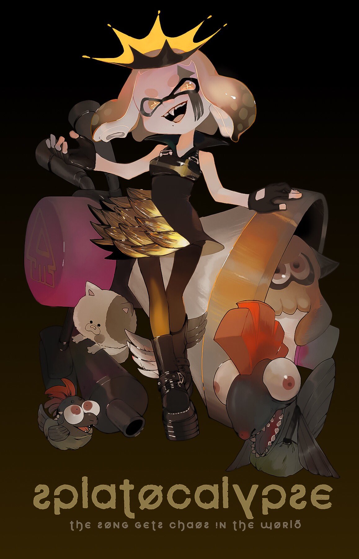 +_+ 1girl :d animal black_dress black_footwear black_gloves black_hair black_legwear blonde_hair boots cat chum_(splatoon) crown domino_mask dress english_text engrish_text fingerless_gloves full_body gloves gradient_hair highres hime_(splatoon) inkling killer_wail_(splatoon) kitten kojajji-kun_(splatoon) mask medium_hair megaphone mole mole_under_mouth multicolored_hair open_mouth pantyhose ranguage salmonid short_dress shorts_under_dress sleeveless sleeveless_dress smallfry_(splatoon) smile splatoon_(series) splatoon_2 squid suction_cups symbol-shaped_pupils teeth tentacle_hair two-tone_hair urutora yellow_eyes