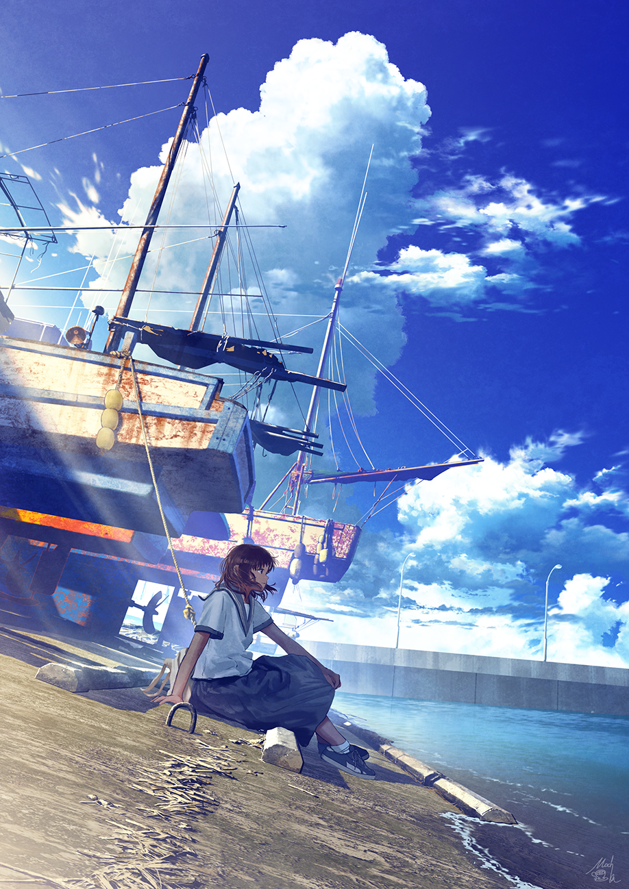 1girl blue_skirt boat brown_hair clouds cloudy_sky commentary_request day eyebrows_visible_through_hair hair_between_eyes highres light_rays long_skirt looking_away mocha_(cotton) ocean original pier rust scenery shoes short_sleeves signature sitting skirt sky sneakers solo summer watercraft white_serafuku