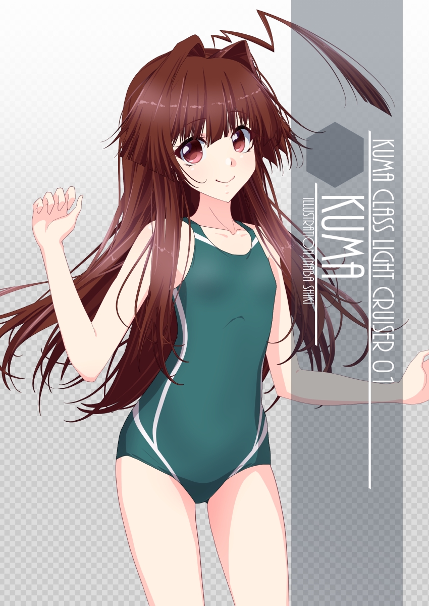1girl ahoge artist_name brown_eyes brown_hair character_name checkered checkered_background collarbone commentary_request competition_swimsuit cowboy_shot flat_chest gradient gradient_background green_swimsuit grey_background highres huge_ahoge inaba_shiki kantai_collection kuma_(kantai_collection) long_hair looking_at_viewer one-piece_swimsuit smile solo swimsuit