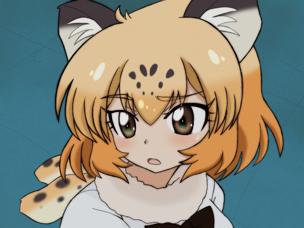 1girl animal_ears animal_print bishoujo_senshi_sailor_moon black_hair bow bowtie brown_hair confused derivative_work eyebrows_visible_through_hair fur_scarf hair_between_eyes jaguar_(kemono_friends) jaguar_ears kakeru_(msjatl80) kemono_friends looking_to_the_side medium_hair meme multicolored_hair open_mouth orange_hair print_scarf sailor_moon_redraw_challenge scarf screencap_redraw shirt solo two-tone_hair