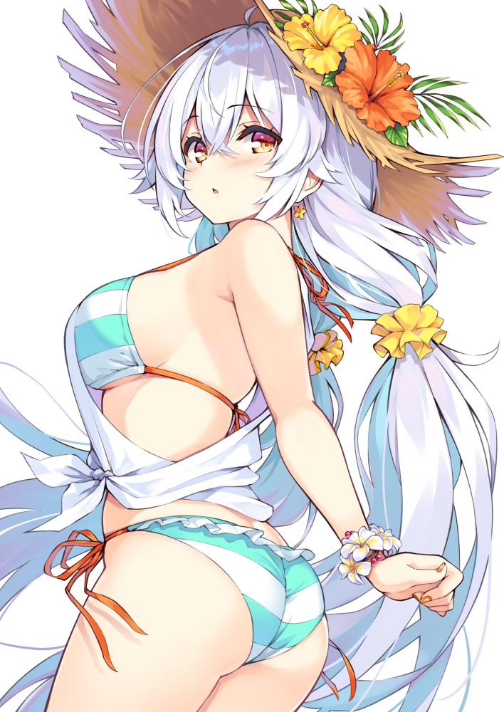 1girl ahoge armpits ass bare_chest bare_shoulders bikini bracelet breasts cowboy_shot cu-no flower from_side front-tie_top halter_top halterneck hat hat_flower hibiscus hisenkaede jewelry large_breasts long_hair looking_at_viewer low_twintails nail_polish orange_eyes parted_lips rapua_qive shirt side-tie_bikini simple_background sleeveless sleeveless_shirt solo striped striped_bikini sun_hat swimsuit twintails very_long_hair white_background white_hair white_shirt