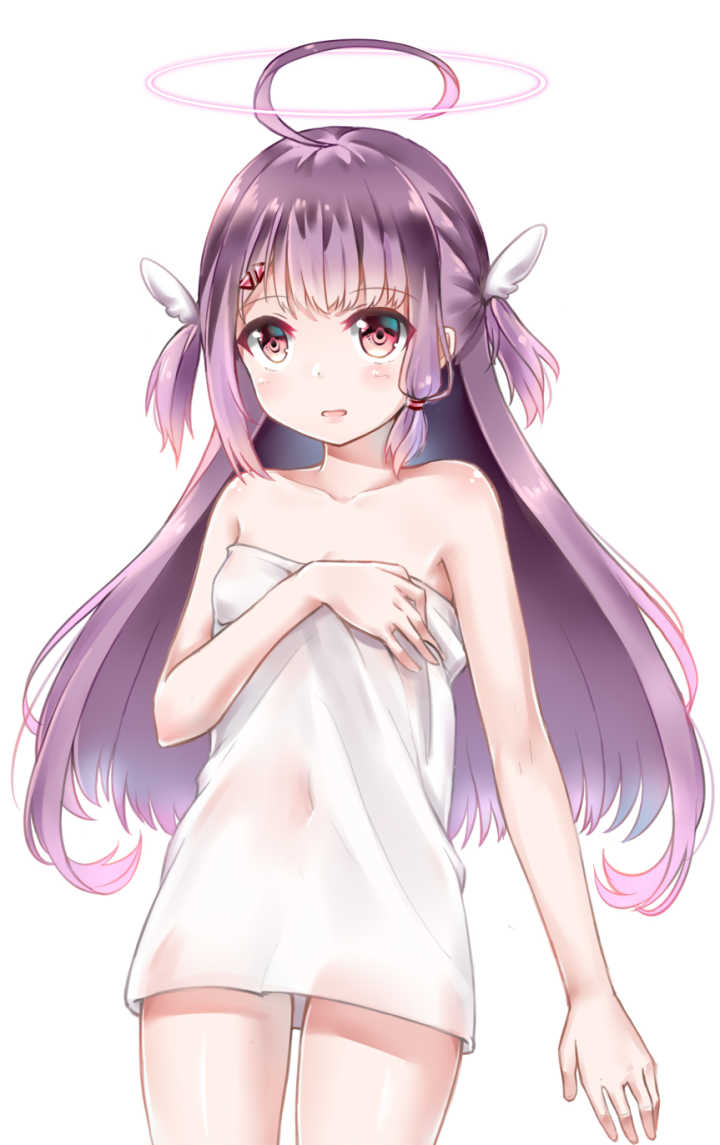 1girl ahoge artist_request blush covering hair_ornament halo holding holding_towel lavender_hair long_hair naked_towel nude_cover red_eyes solo towel virtual_youtuber winged_hair_ornament yumeno_shiori yumeno_shiori_channel