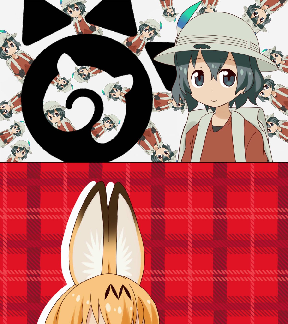 2girls animal_ears aozora_no_rhapsody backpack bag black_eyes black_hair blonde_hair commentary hat hat_feather highres hondarai kaban_(kemono_friends) kemono_friends kobayashi-san_chi_no_maidragon multiple_girls out_of_frame parody plaid plaid_background serval_(kemono_friends)