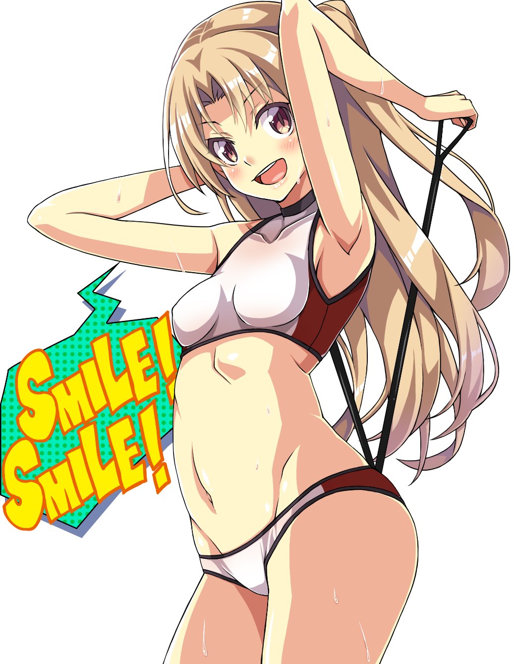 1girl arms_up azur_lane blonde_hair blush breasts cleveland_(azur_lane) commentary_request covered_collarbone cowboy_shot highres looking_at_viewer macaroni_hourensou midriff navel open_mouth ponytail red_eyes simple_background small_breasts smile solo sports_bikini standing sweat two-tone_bikini white_background