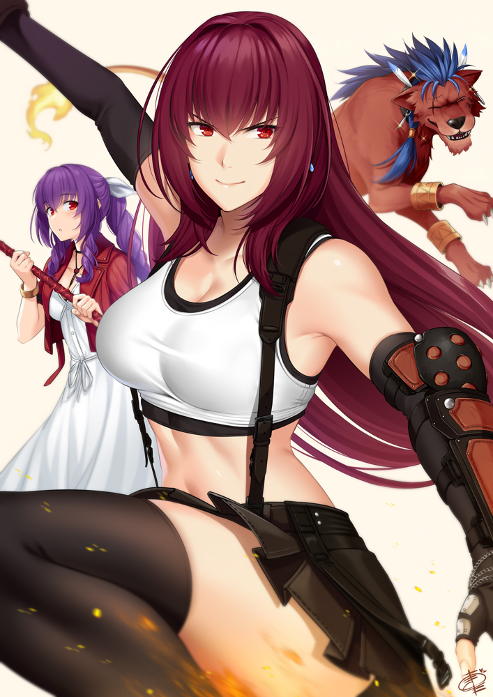 1boy 2girls aerith_gainsborough aerith_gainsborough_(cosplay) black_skirt blue_hair bracelet breasts cosplay cropped_jacket cu_chulainn_(fate)_(all) dress drill_hair earrings elbow_gloves elbow_pads fate/grand_order fate_(series) final_fantasy final_fantasy_vii final_fantasy_vii_remake fingerless_gloves gae_bolg gloves hair_between_eyes hair_intakes jacket jewelry lancer large_breasts long_dress looking_at_another looking_at_viewer midriff multiple_girls okitakung pencil_skirt pink_dress ponytail purple_hair red_eyes red_jacket red_xiii red_xiii_(cosplay) scathach_(fate)_(all) scathach_(fate/grand_order) scathach_skadi_(fate/grand_order) side_drill skirt smile suspender_skirt suspenders tank_top thigh-highs tifa_lockhart tifa_lockhart_(cosplay) white_tank_top