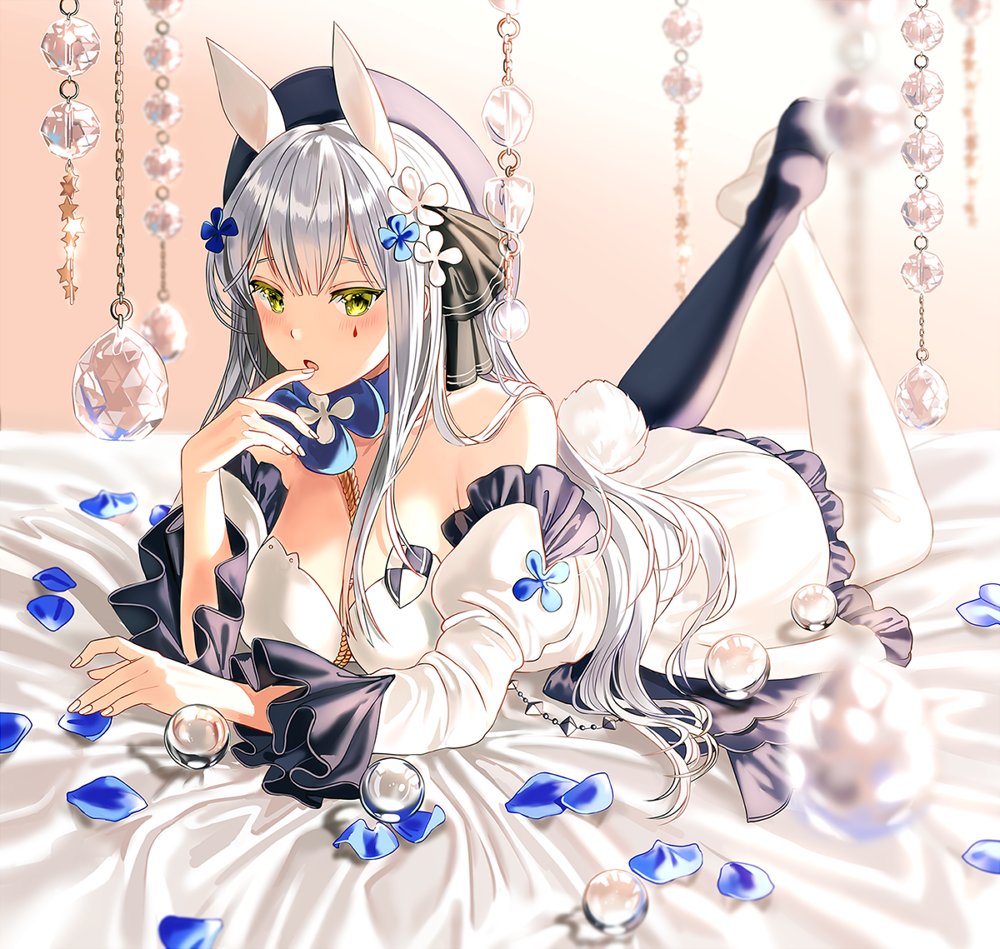 1girl :o animal_ears bare_shoulders black_legwear bunny_tail detached_sleeves dress facial_mark finger_to_mouth full_body girls_frontline green_eyes hat hk416_(girls_frontline) long_hair looking_at_viewer lying mismatched_legwear neck_ribbon on_stomach parted_lips petals puffy_sleeves rabbit_ears ribbon silence_girl silver_hair solo tail teardrop thigh-highs white_dress white_legwear