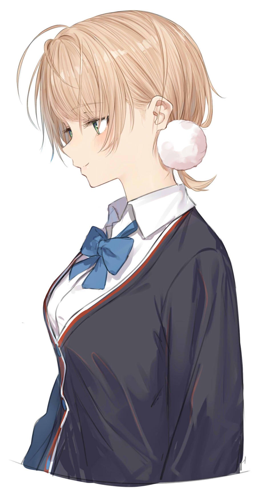 1girl ahoge black_cardigan blonde_hair blue_neckwear blush bow bowtie breasts cardigan closed_mouth collared_shirt dress_shirt eyebrows_visible_through_hair eyelashes from_side green_eyes highres isshiki_(ffmania7) lips medium_breasts pom_pom_(clothes) shigure_ui_(channel) shigure_ui_(vtuber) shirt short_hair simple_background smile solo upper_body virtual_youtuber white_background white_shirt wing_collar