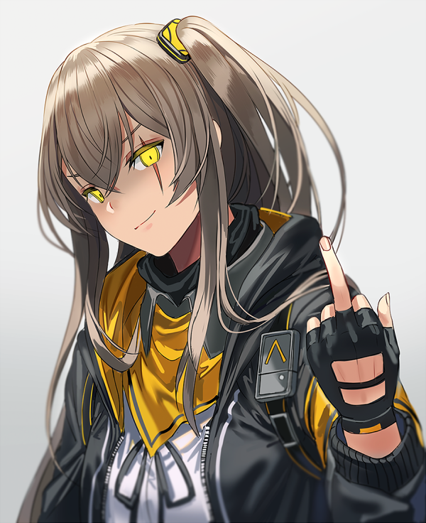 1girl black_gloves black_jacket brown_hair closed_mouth fingerless_gloves girls_frontline gloves hair_between_eyes hood hooded_jacket jacket long_hair looking_at_viewer middle_finger one_side_up open_clothes open_jacket scar scar_across_eye shaded_face shirt sidelocks silence_girl solo ump45_(girls_frontline) upper_body white_shirt yellow_eyes