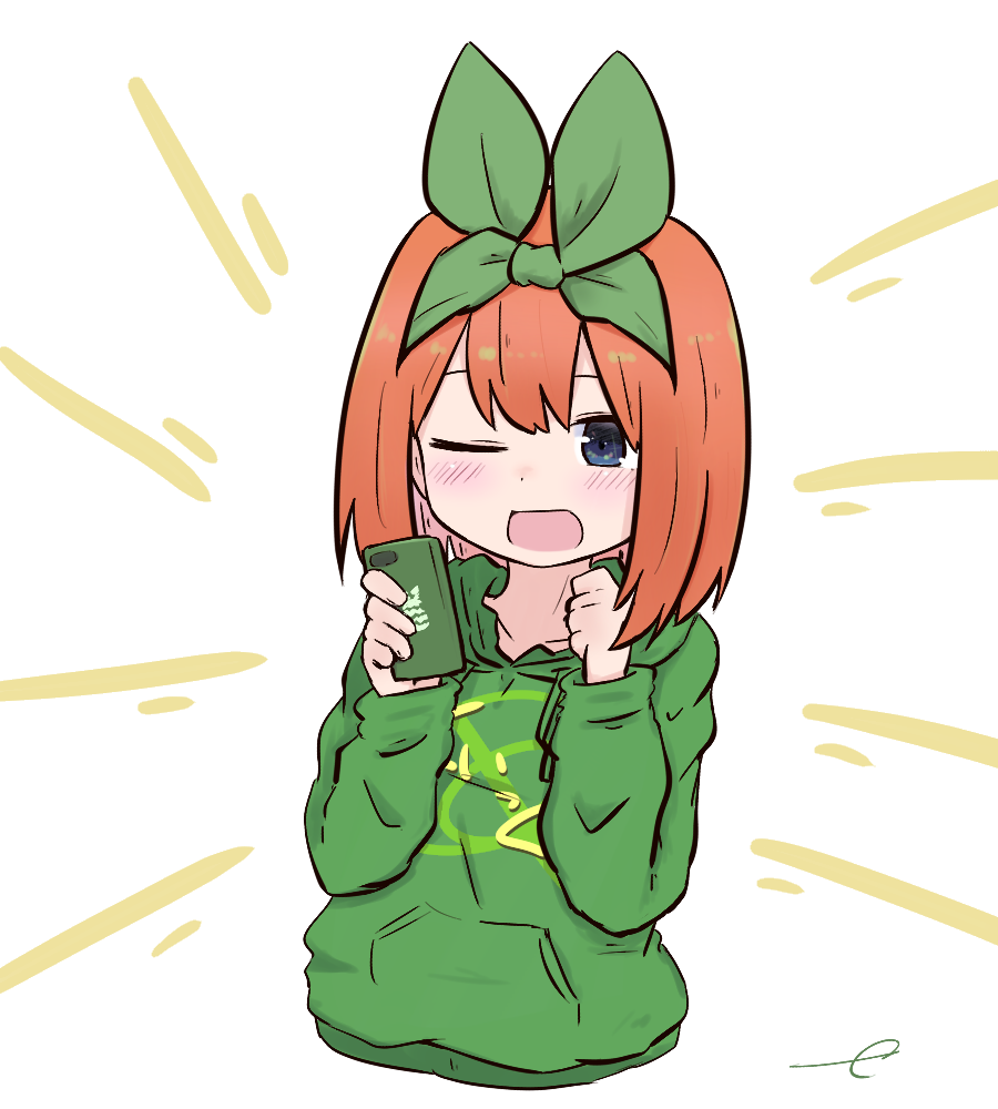 1girl ;d bangs blue_eyes blush cellphone clothes_writing cropped_torso drawstring eyebrows_behind_hair go-toubun_no_hanayome green_hoodie green_ribbon hair_ribbon hands_up holding holding_phone hood hood_down hoodie kujou_karasuma nakano_yotsuba one_eye_closed open_mouth orange_hair phone ribbon signature smile solo upper_body white_background