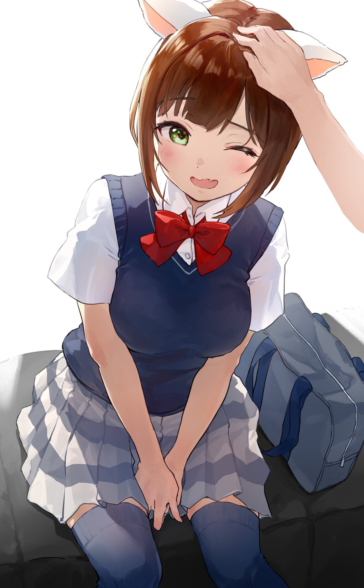 1girl animal_ears bag bangs blush breasts brown_hair cat_ears collared_shirt green_eyes highres idolmaster idolmaster_cinderella_girls large_breasts looking_at_viewer maekawa_miku one_eye_closed open_mouth petting school_bag shirt short_hair short_sleeves simple_background sitting skirt sweater_vest takeashiro white_background white_shirt