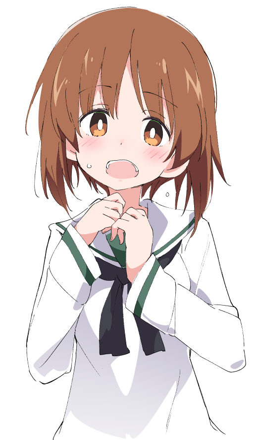 1girl brown_eyes brown_hair eyebrows_visible_through_hair girls_und_panzer ixy long_sleeves looking_at_viewer nishizumi_miho ooarai_school_uniform open_mouth school_uniform short_hair simple_background solo white_background