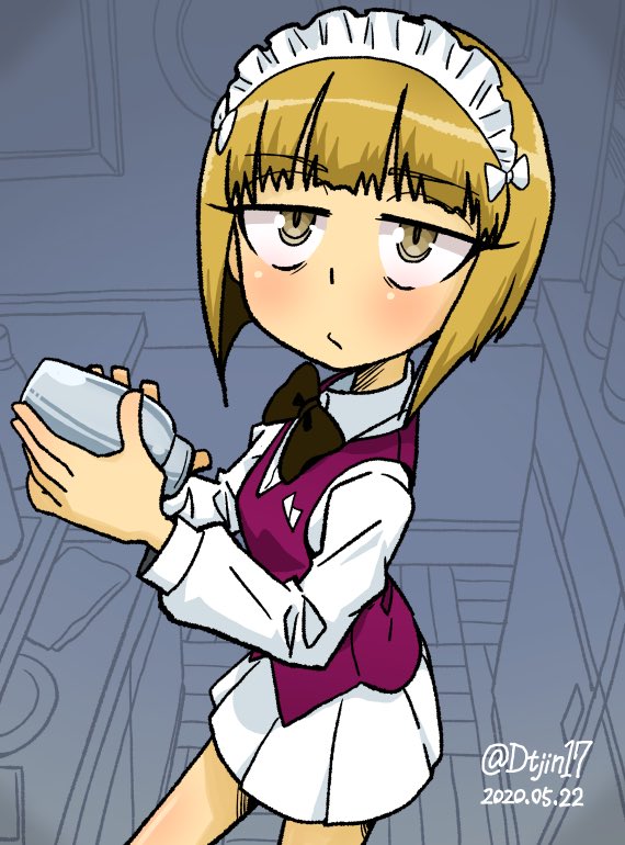 1girl bangs bar bartender blonde_hair blunt_bangs bow bowtie closed_mouth cutlass_(girls_und_panzer) dress_shirt eyebrows_visible_through_hair girls_und_panzer girls_und_panzer_saishuushou holding ichinana_(dametetujin17) long_sleeves looking_at_viewer maid_headdress pleated_skirt school_uniform shaker shirt short_hair skirt standing vest white_shirt wing_collar yellow_eyes