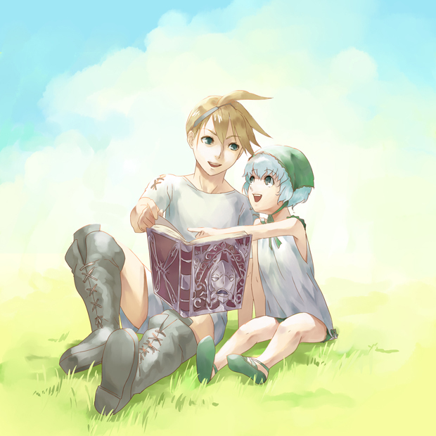 1boy 1girl book brother_and_sister clouds dress grass grimoire_weiss nier nier_(series) nier_(young) shigumo_(shigeru) short_hair siblings silver_hair smile yonah