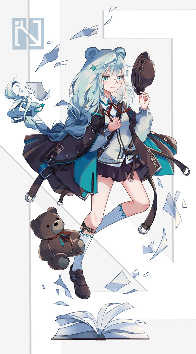1girl animal_ears arknights bangs bear_ears black_footwear black_jacket black_skirt blue_eyes blue_hair book brown_headwear cardigan chinese_commentary commentary_request eyebrows_visible_through_hair fedora full_body grey_cardigan hair_ornament hat highres holding holding_hat istina_(arknights) jacket kneehighs long_hair looking_at_viewer miniskirt monocle open_clothes open_jacket paper partial_commentary pleated_skirt shoes skirt smile solo star star_hair_ornament stuffed_animal stuffed_toy teddy_bear thighs white_legwear yasuna_(nanjiang)