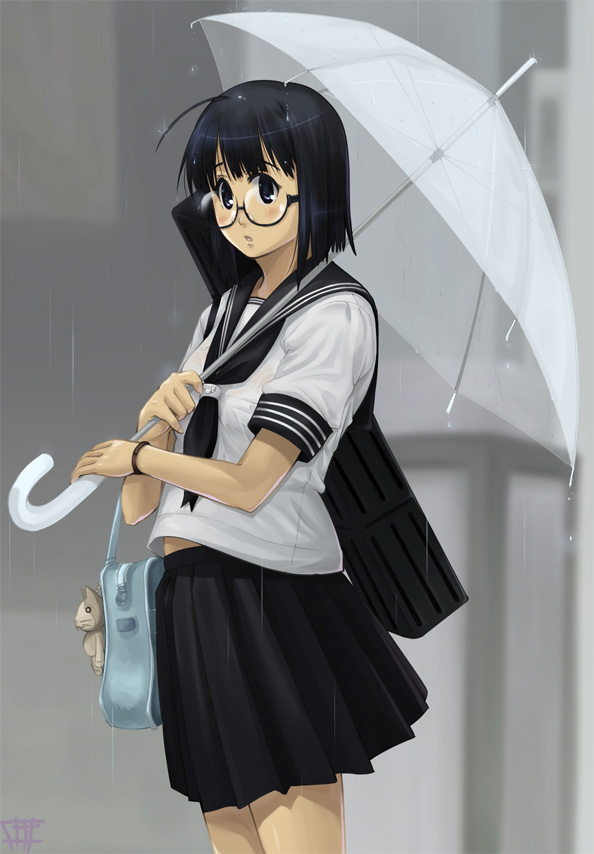 black_eyes black_hair blush glasses mkpower rain school_uniform short_hair skirt taru_neko umbrella
