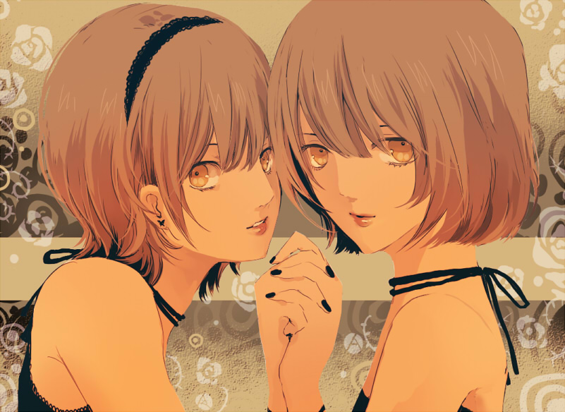 2girls bare_shoulders brown_hair earrings hairband hand_holding holding_hands jewelry multiple_girls nail_polish original short_hair siblings sisters twins uno_(artist) uno_(colorbox) yellow_eyes