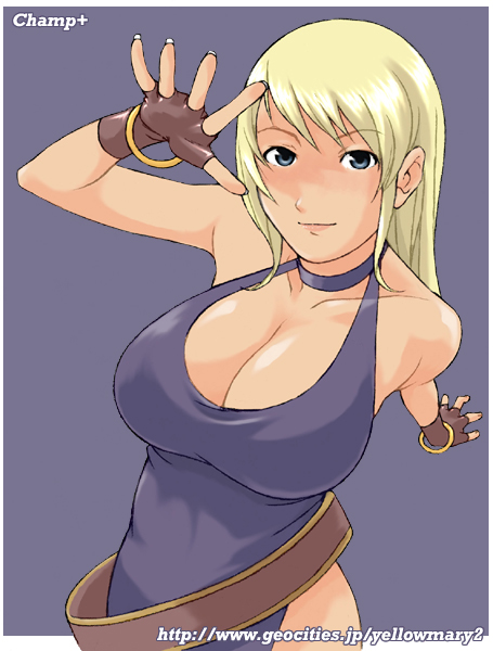 belt blonde_hair blue_eyes blush bonne_jenet bracelet breasts champ+ cleavage collar curvy dress elbow_gloves eyepatch fatal_fury fingerless_gloves garou gloves hat jewelry king_of_fighters large_breasts long_hair mark_of_the_wolves muscle no_bra pirate plump skirt snk thigh-highs thighhighs thighs wink
