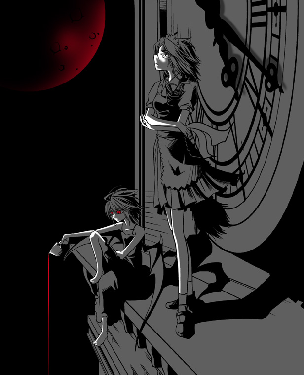 blood clock clock_tower cup izayoi_sakuya keisei_fuji monochrome moon no_hat no_headwear red_eyes red_moon remilia_scarlet sitting spot_color teacup touhou tower