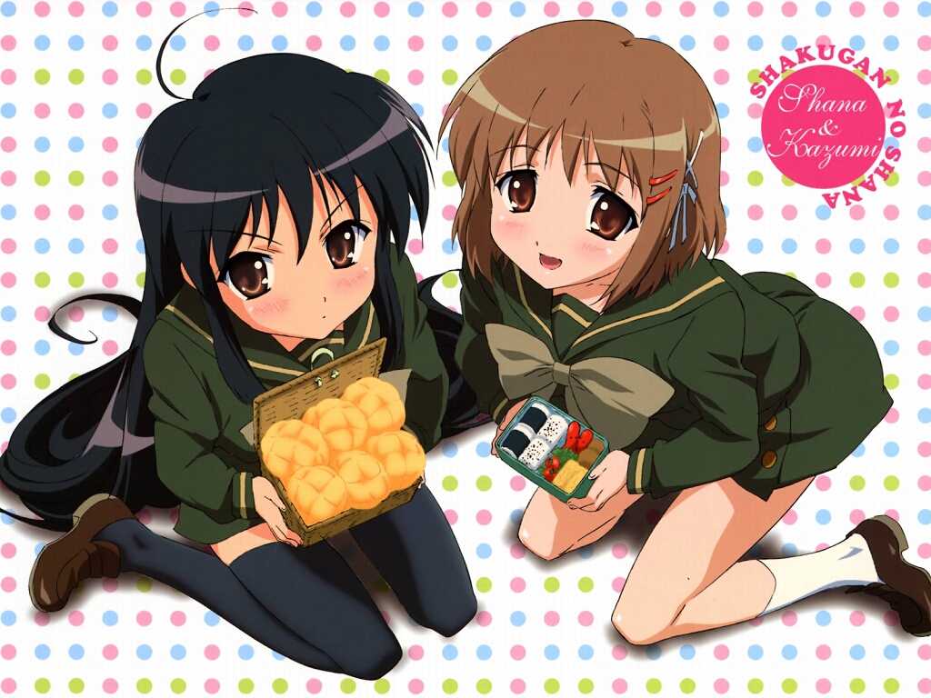 bread brown_eyes brown_hair food hair_ornament hairclip kneeling long_hair melon_bread meronpan obento obentou school_uniform shakugan_no_shana shana short_hair tako-san_wiener thigh-highs thighhighs wallpaper yoshida_kazumi