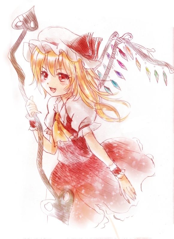 1girl bad_id blonde_hair blush dress fang flandre_scarlet hat laevatein nunucco open_mouth red_dress red_eyes side_ponytail sketch smile solo the_embodiment_of_scarlet_devil touhou wings