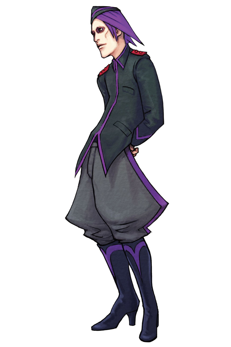 adder advance_wars advance_wars:_dual_strike arms_behind_back boots eyeshadow garrison_cap hat high_heels highres hirata_ryou knee_boots lips male military military_uniform nintendo official_art purple_hair shoes short_hair simple_background snake_(advance_wars) solo standing uniform