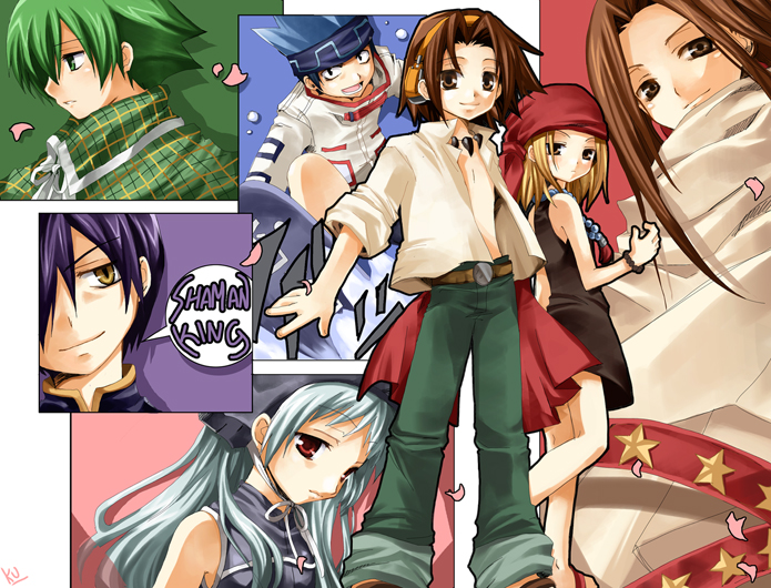 asakura_yoh asakura_you belt blonde_hair blue_hair brown_eyes brown_hair dress green_eyes green_hair hairband hat headband iron_maiden_jeanne jewelry kurot kyouyama_anna lyserg_diethel necklace open_clothes open_shirt red_eyes shaman_king shirt tao_ren usui_horokeu yellow_eyes