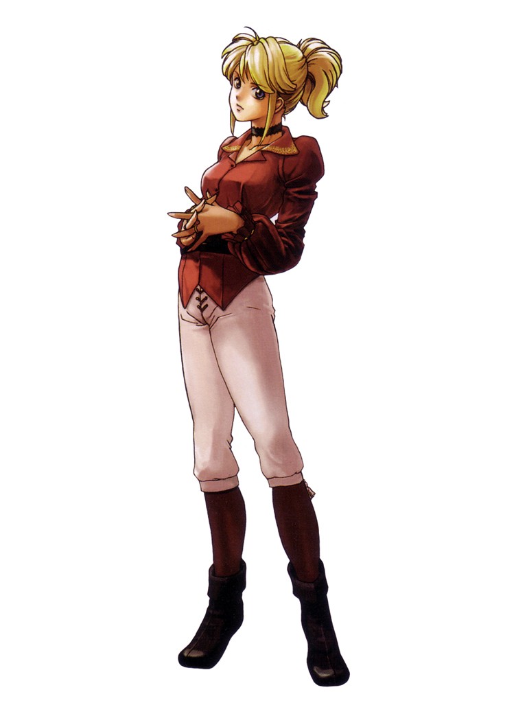 boots capri_pants choker flare_en_kuldes gensou_suikoden gensou_suikoden_iv hands_clasped jewelry kawano_junko knee_boots official_art ponytail purple_eyes ring short_hair simple_background solo standing suikoden suikoden_iv violet_eyes wedding_ring