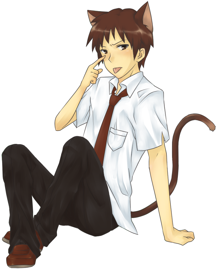 :p bad_id brown_hair cat_ears cosplay kyon male male_only naiya necktie school_uniform shirt suzumiya_haruhi_no_yuuutsu tail tongue