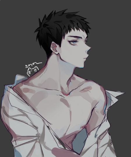 1boy black_hair blue_eyes closed_mouth collarbone commentary_request eyebrows frown grey_background groo29 kasamatsu_yukio kuroko_no_basuke male_focus nipples partially_undressed pectorals shirt short_hair solo toned toned_male white_shirt