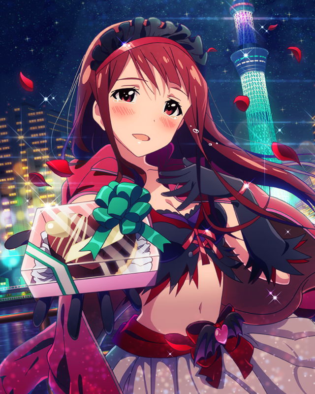 1girl blush flower gloves hairband idolmaster idolmaster_million_live! long_hair midriff navel night official_art open_mouth red_eyes red_hair skirt sky smile solo tanaka_kotoha tears valentine