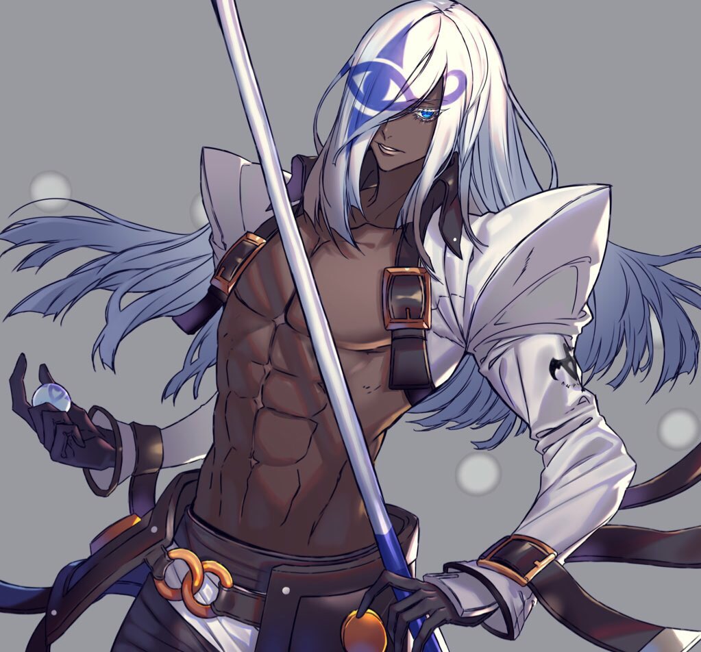 1boy abs belt black_gloves blue_eyes buckle chest collarbone dark_skin dark_skinned_male eyebrows_visible_through_hair gloves grey_background guilty_gear hachizowo hair_over_one_eye holding holding_weapon long_hair looking_at_viewer male_focus muscle parted_lips simple_background solo standing upper_body venom_(guilty_gear) weapon white_hair