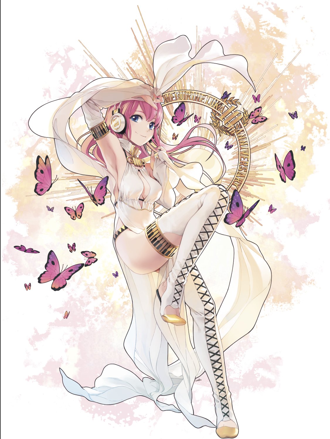 1girl anniversary arm_up armpits blue_eyes breasts bug butterfly commentary detached_sleeves flowing_dress full_body headphones highres insect lena_(zoal) long_hair looking_at_viewer medium_breasts megurine_luka nail_polish piano_print pink_butterfly pink_hair pink_nails smile solo thigh-highs vocaloid white_legwear white_sleeves