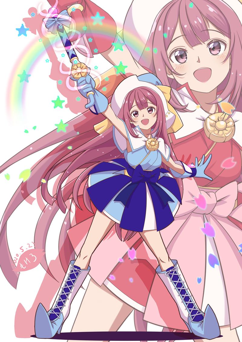 1girl blue_footwear blue_gloves boots brooch commentary_request cosplay cross-laced_footwear full_body gloves harukaze_doremi harukaze_doremi_(cosplay) hat jewelry kamikaze_(kantai_collection) kantai_collection lace-up_boots long_hair magical_girl mokerou multicolored multicolored_clothes ojamajo_doremi purple_hair rainbow red_gloves smile solo standing violet_eyes wand zoom_layer