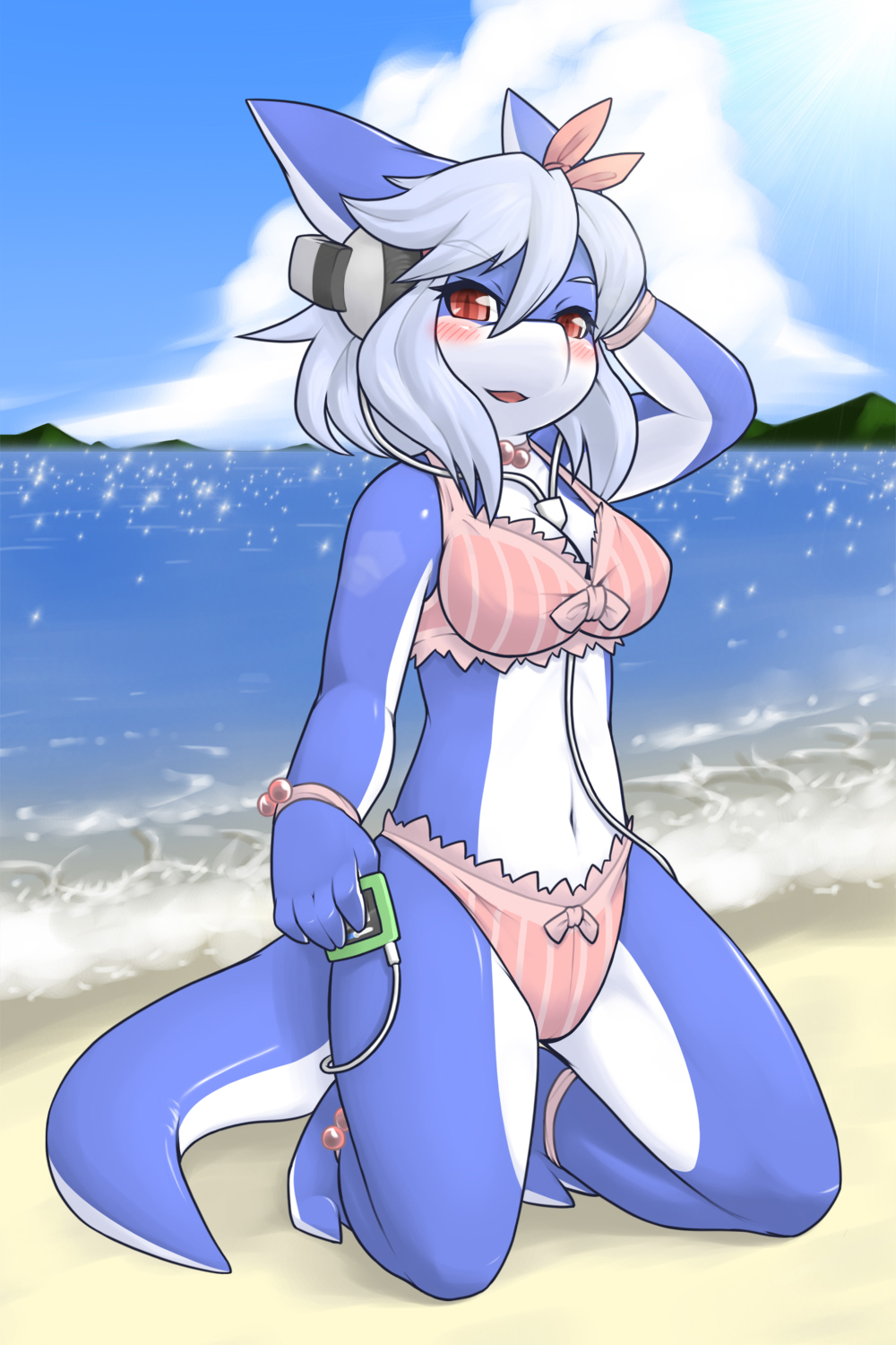 1girl arm_up beach bikini blue_hair blue_skin blush bracelet day digital_media_player dragon_girl eyebrows_visible_through_hair full_body furry hair_ribbon headphones highres jewelry kame_(3t) kneeling looking_at_viewer navel ocean original outdoors parted_lips pink_bikini pink_ribbon red_eyes ribbon short_hair smile solo swimsuit tail water white_skin