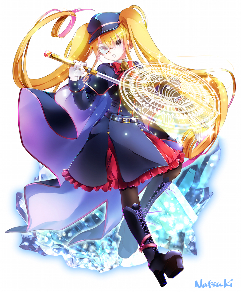 1girl belt black_legwear blonde_hair boots bow cross-laced_footwear full_body hat hihooo holding holding_sword holding_weapon katana long_hair looking_at_viewer magic_circle military military_uniform monocle original platform_boots red_bow simple_background sword twintails uniform very_long_hair weapon white_background