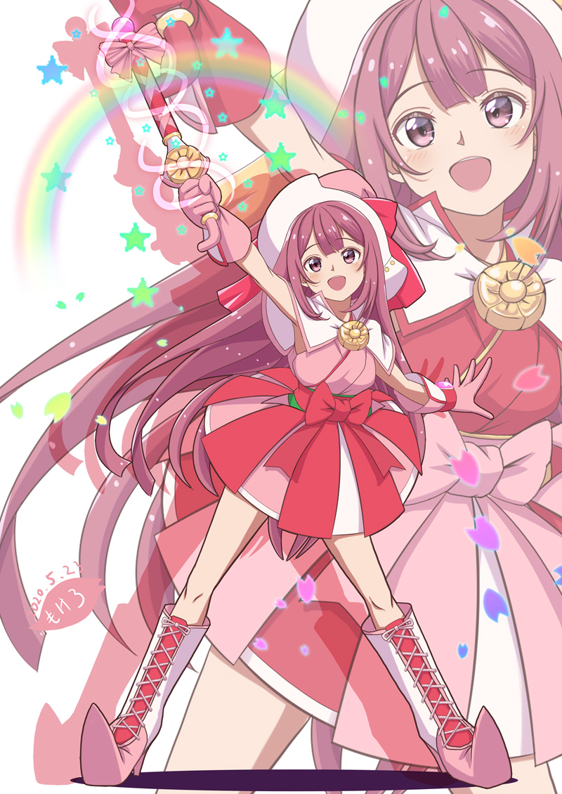 1girl boots brooch commentary_request cosplay cross-laced_footwear full_body gloves harukaze_doremi harukaze_doremi_(cosplay) hat jewelry kamikaze_(kantai_collection) kantai_collection lace-up_boots long_hair magical_girl mokerou multicolored multicolored_clothes ojamajo_doremi pink_footwear pink_gloves purple_hair rainbow red_gloves smile solo standing violet_eyes wand zoom_layer