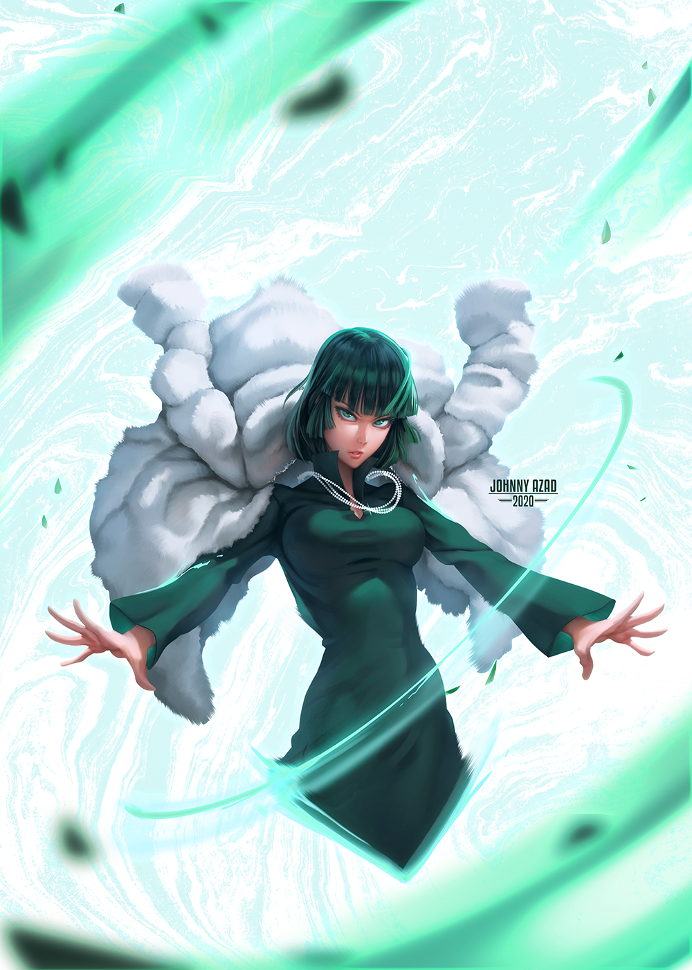 1girl bangs breasts dress fubuki_(one-punch_man) green_dress green_eyes green_hair highres jewelry johnny_azad medium_breasts necklace one-punch_man short_hair solo telekinesis