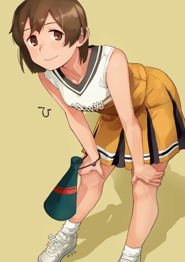 1girl bent_over breasts brown_eyes brown_hair cheerleader hands_on_own_knees hiryuu_(kantai_collection) kantai_collection looking_at_viewer medium_breasts megaphone pleated_skirt shirt short_hair skirt sleeveless sleeveless_shirt smile solo yellow_background