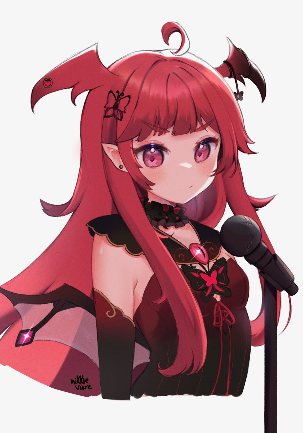 1girl araka_luto artist_name bangs black_dress breasts butterfly_hair_ornament cowlick cropped_torso demon_girl dress earrings english_commentary eyebrows_visible_through_hair hair_ornament head_wings highres jewelry long_hair microphone nikkie_viore pink_eyes pointy_ears prism_project redhead small_breasts solo upper_body v-shaped_eyebrows virtual_youtuber