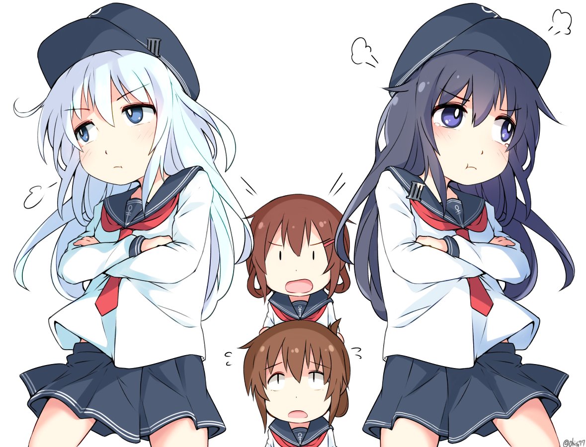 4girls akatsuki_(kantai_collection) anchor_symbol black_eyes black_headwear black_sailor_collar black_skirt blue_eyes brown_hair commentary_request crossed_arms flat_cap folded_ponytail hat hibiki_(kantai_collection) ikazuchi_(kantai_collection) inazuma_(kantai_collection) kantai_collection long_hair multiple_girls neckerchief okitarou_(okiyo) pleated_skirt pout red_neckwear sailor_collar school_uniform serafuku short_hair silver_hair simple_background skirt violet_eyes white_background