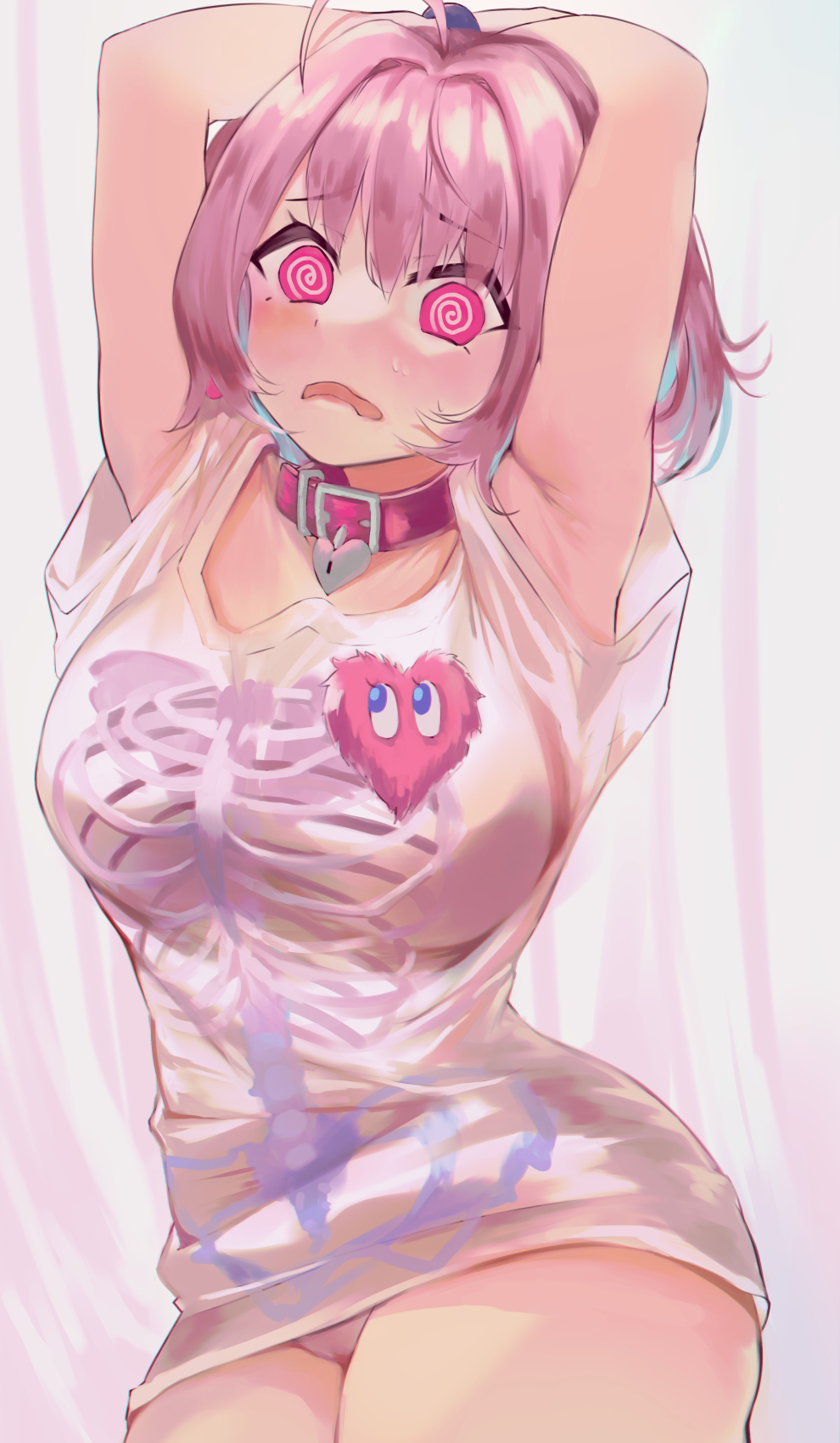 1girl @_@ ahoge armpits arms_up belt_collar blush breasts choker collar commentary_request cowboy_shot earrings embarrassed eyebrows_visible_through_hair frown heart-shaped_lock heart_collar highres idolmaster idolmaster_cinderella_girls jewelry korean_commentary large_breasts looking_at_viewer multicolored_hair off-shoulder_shirt off_shoulder open_mouth panties pantyshot pink_choker pink_collar pink_eyes pink_hair shirt skeleton_print solo sweat t-shirt thighs torieto two-tone_hair underwear yumemi_riamu