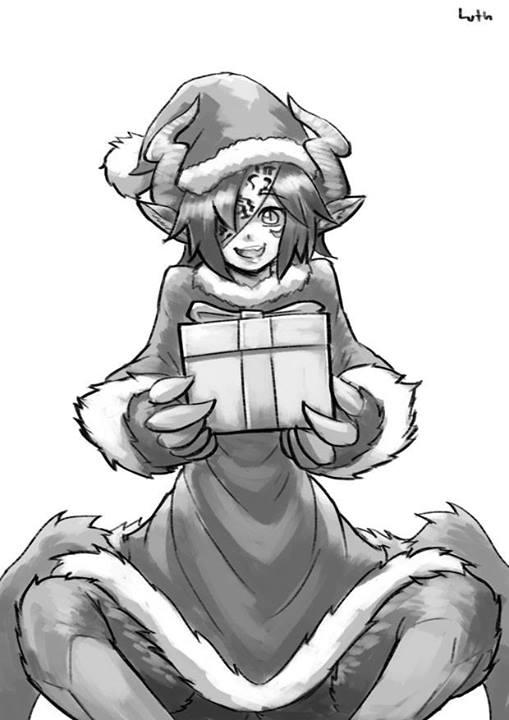 1girl :d animal_ears arachne box christmas claws eyepatch fur fur_trim gift gift_box greyscale hat horns incoming_gift insect_girl looking_at_viewer lutherniel monochrome monster_girl monster_girl_encyclopedia one_eye_covered open_mouth paws pom_pom_(clothes) santa_costume santa_hat signature simple_background slit_pupils smile solo spider_girl ushi-oni_(monster_girl_encyclopedia) white_background yellow_eyes