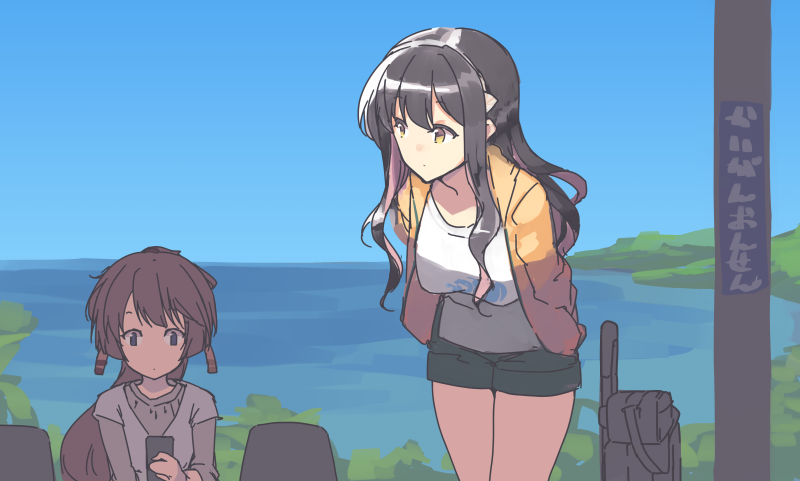 2girls black_hair blouse blue_sky breasts casual cellphone commentary cowboy_shot gradient_sky grey_sweater hairband horizon jacket kantai_collection kazagumo_(kantai_collection) large_breasts layered_blouse leaning_forward long_hair looking_at_phone mountain multicolored_hair multiple_girls naganami_(kantai_collection) nakadori_(movgnsk) ocean phone pink_hair remodel_(kantai_collection) seascape shade shirt sitting sky sweater two-tone_hair upper_body white_blouse white_hairband white_shirt yellow_eyes yellow_jacket