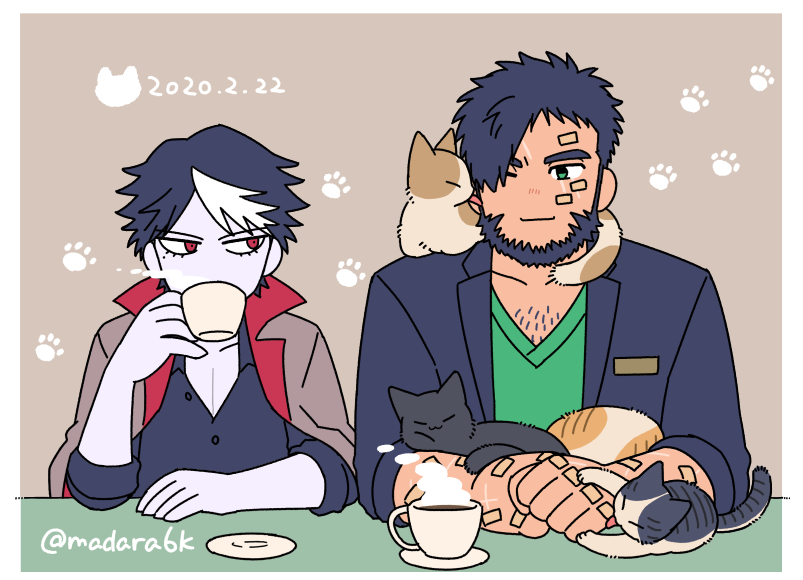 2boys bandaid beard blue_hair blue_jacket cafe cat cat_day chest_hair coffee coffee_mug coffee_talk cup eyelashes facial_hair gala_(coffee_talk) green_shirt hair_over_one_eye hyde_(coffee_talk) jacket jacket_on_shoulders madara6k mug multicolored_hair multiple_boys one_eye_closed pale_skin red_eyes shirt simple_background upper_body vampire werewolf