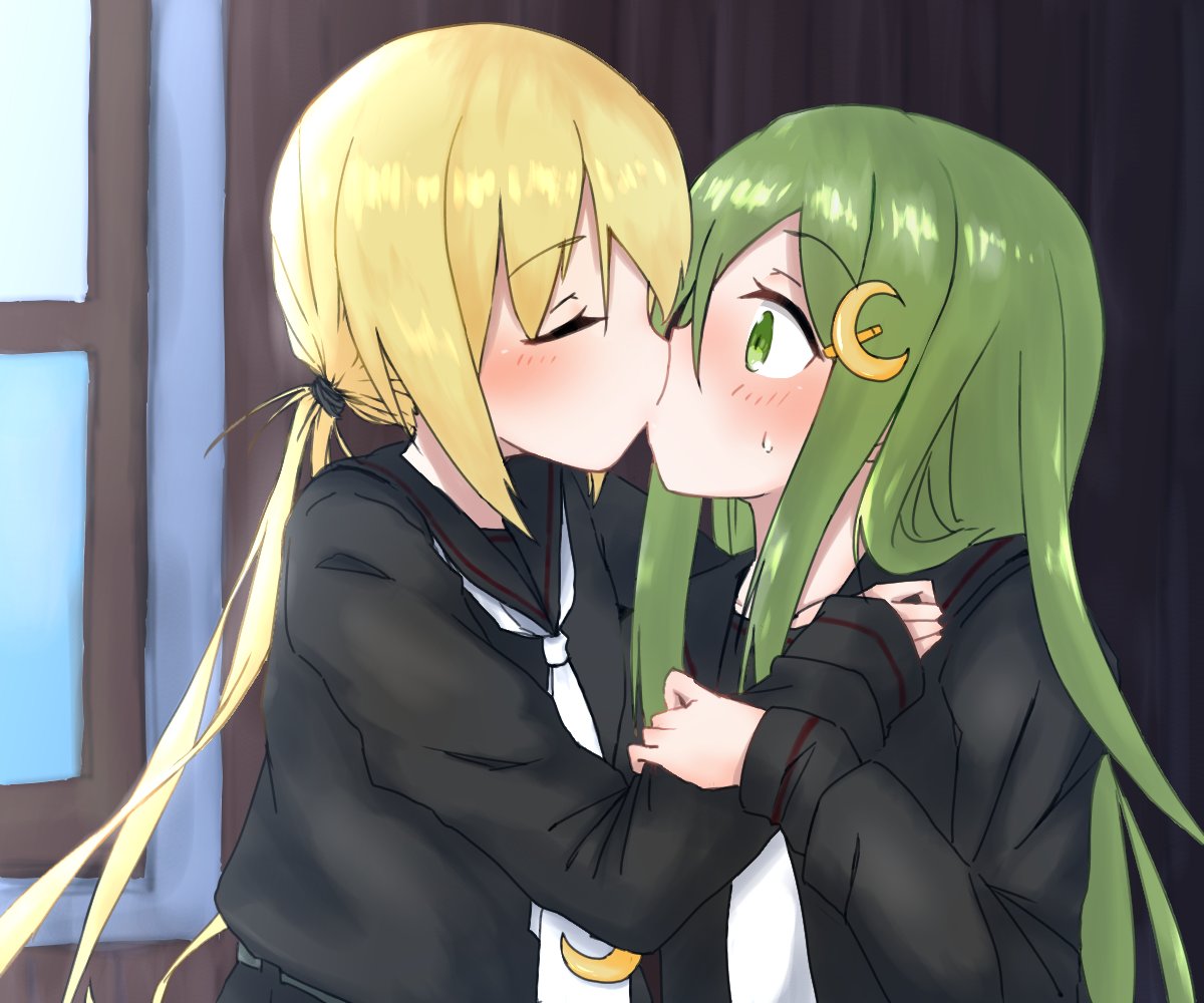 2girls black_serafuku blonde_hair closed_eyes crescent crescent_hair_ornament curtains green_eyes green_hair hair_ornament kantai_collection kiss long_hair multiple_girls nagatsuki_(kantai_collection) necktie po0000000000 satsuki_(kantai_collection) school_uniform serafuku twintails white_neckwear window yuri